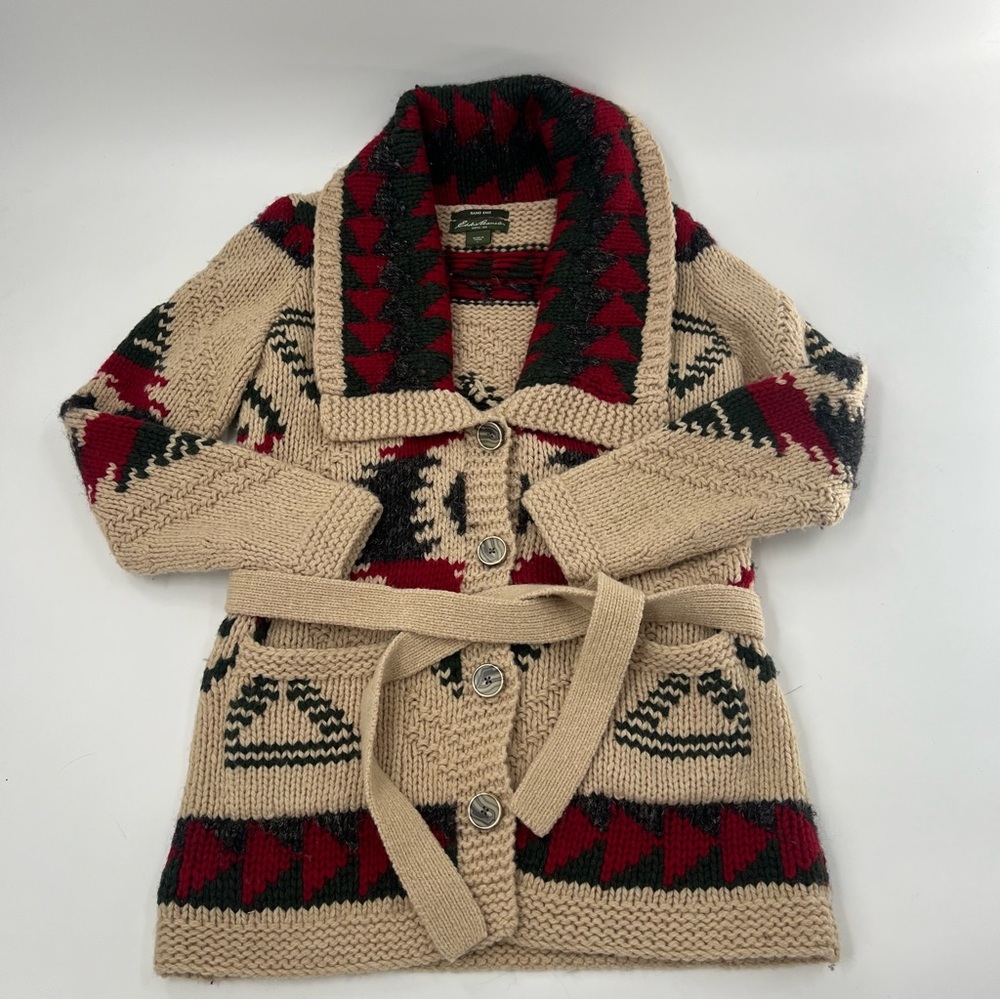 Eddie Bauer Hand Knit Christmas Holiday Wool Blend Sweater Cardigan Women’s Red